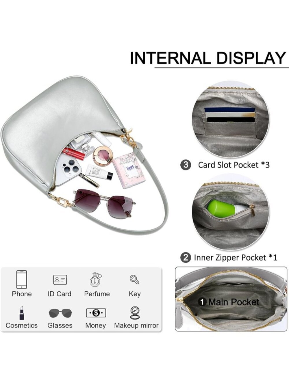 Women's Bag Silver Leather Cute Hobo Shoulder Handbag Retro Clutch Stylish Purse - Picture 3 of 6